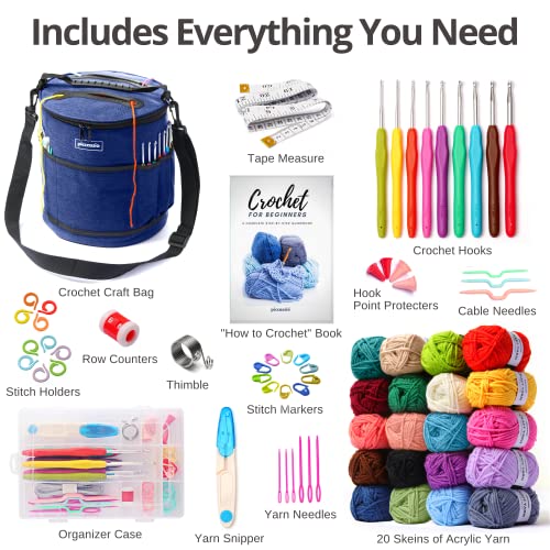 Crochet Kit for Beginners Adults and Kids - Make Amigurumi and Crocheting Kit Projects - Beginner Crochet Kit Includes 20 Colors Crochet Yarn, Crochet Hooks, Book, Crochet Bag etc, Crochet Starter Kit