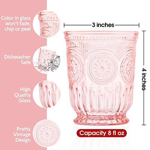 Set of 6 Pink Glass Cups With Sunflower Design Sturdy Dishwasher Safe