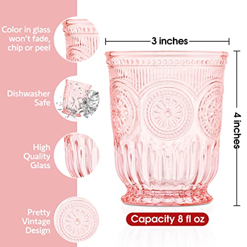 Yungala Pink Glassware Set of 6 Small Pink Cups with Beautifully Embossed Sunflower Design, Strong Sturdy Glass 100% Dishwasher Safe