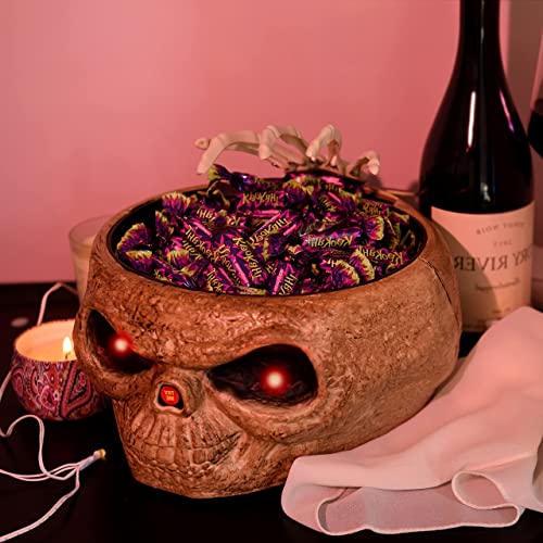 Homarden Animated Halloween Skull Bowl - Large Plastic Skull Candy Bowl with Creepy Moving Skeleton Hand - Motion Activated, Light Up Eyes, Monster Sound Effects (Brown)
