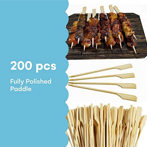 Noa Store Bamboo Skewers 4 Inch, Wooden Paddle Picks, Skewers for Appetizers, Cocktail, Fruit Kabobs, Sandwich, Barbeque Snacks - 200 Count