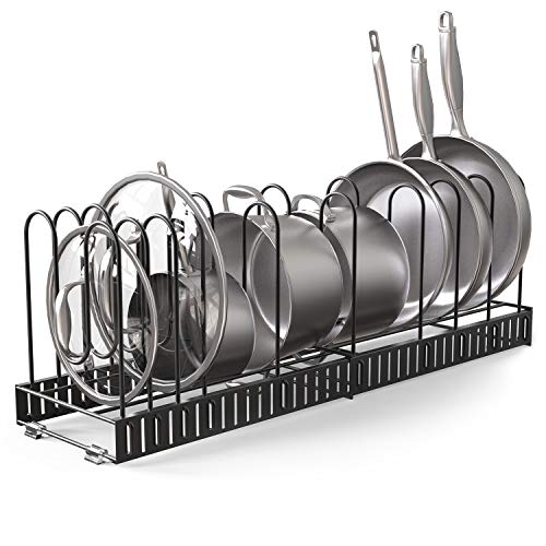 Vdomus Expandable Pot Organizer Rack for Under Cabinet with 4 DIY Storage Positions, Length Adjustable Pan Rack for Kitchen Counter, Pot and Pan Organizer Up to 13 Pans or Pot &Lids, Black Metal