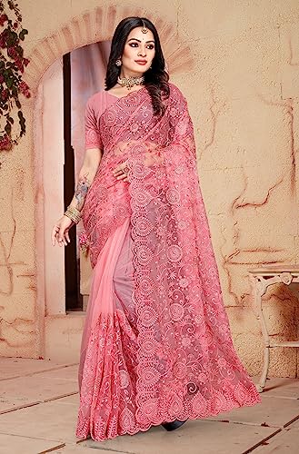 CRAFTSTRIBE Embroidery Work Net Pink Indian Wedding Sari With Unstitched Blouse