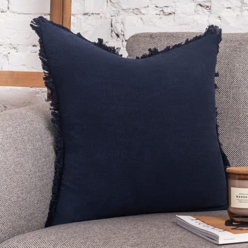 INSPIRED IVORY Decorative Linen Pillow Cover 20x20 Inch - Rustic Navy Blue Throw Pillow Cover with Fringe - Soft Solid Pillow Cushion Cover for Sofa, Couch, Bed Decor, Single Sham (50x50cm)