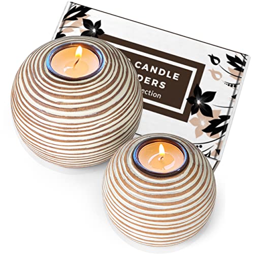 Tuva Orb Candle Holders (Gift Boxed Set of 2), Table Centerpieces, Bathroom, Kitchen Counter, Mantle or Coffee Table Decor (Light Brown and White)