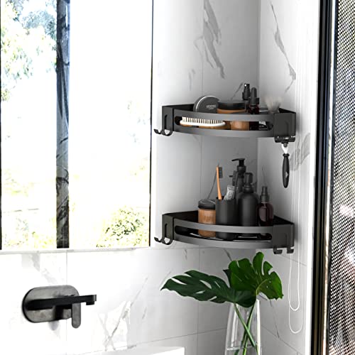 GeekDigg 2 Pack Corner Shower Caddy, Adhesive Bathroom Shelf Wall Mounted with Razor Holder, Drill free, Aluminium Storage Organizer for Bathroom, Kitchen and Dorm