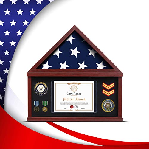 flybold Large Flag Case for American Veteran Burial Flag - Solid Wood Military Shadow Box with Wall Mount fits a 5 x 9.5 ft Folded Flag Display Case Set with Certificate Holder - Mahogany Frame