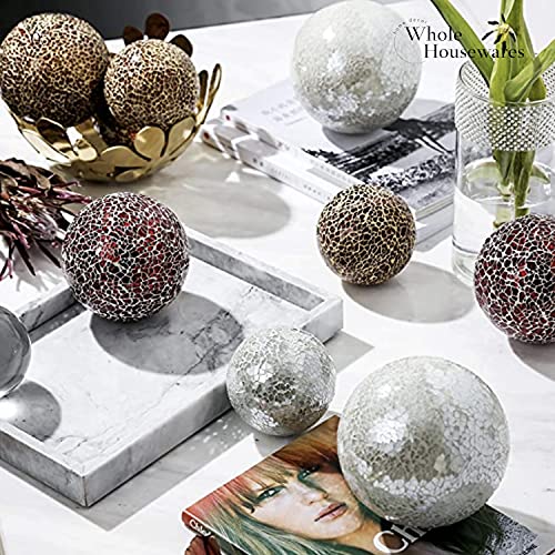 WHOLE HOUSEWARES Decorative Balls Set of 3 Glass Mosaic Orbs for Bowls 4" Diameter White