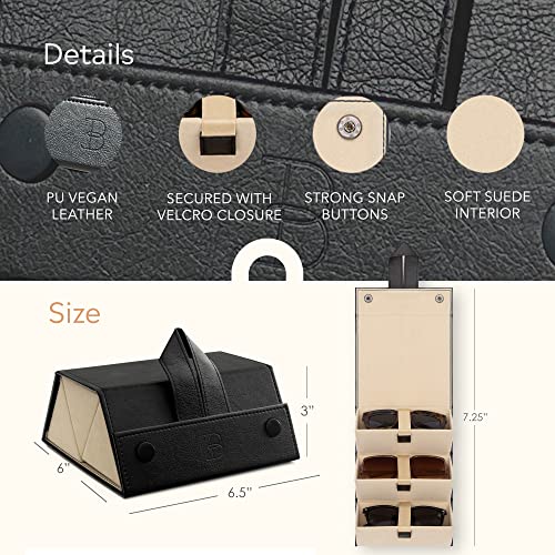 BOSHKU 3-Slot Travel Sunglasses Case Organizer – Compact Sunglasses Storage with Hanging Loop – Vegan Leather Multiple Glasses Case with Soft, Suede Interior and Secure Elastic Straps (BLACK)