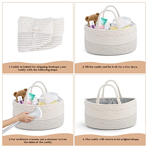 luxury little Diaper Caddy Organizer, Large Cotton Rope Nursery Basket, Changing Table Organizer for Baby Diaper Storage, Portable Car Organizer with Removable Divider, Baby Shower Gifts - White