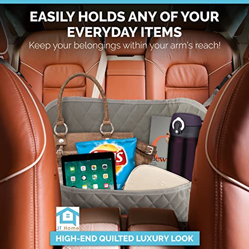 JT HOME Car Net Pocket Handbag Holder Between Seats, Luxury Quilted PU Leather Purse Car Organizer With 2 Extra Pockets For Storage, Grey