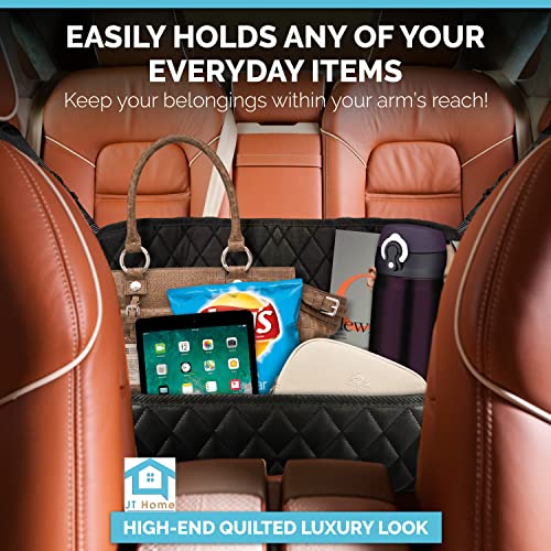 JT HOME Car Net Pocket Handbag Holder Between Seats, Luxury Quilted PU Leather Purse Car Organizer With 2 Extra Pockets For Storage, Black