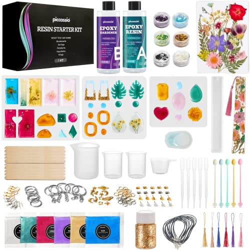 Piccassio Epoxy Resin Kit for Beginners 208 pcs - Make Jewelry, Keychains, Bookmarks with Epoxy Resin Starter Kit - Resin Kits and Molds Complete Set - Includes Molds, Dried Flowers, Mica Powder