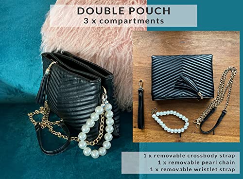 Before & Ever Black Wristlet Clutch Purses for Women - Large Evening Clutch Bag with White Pearls - Small Black Quilted Crossbody Wallet Purse Pouch - Gold Chain Chevron Wedding Cross Body Handbags