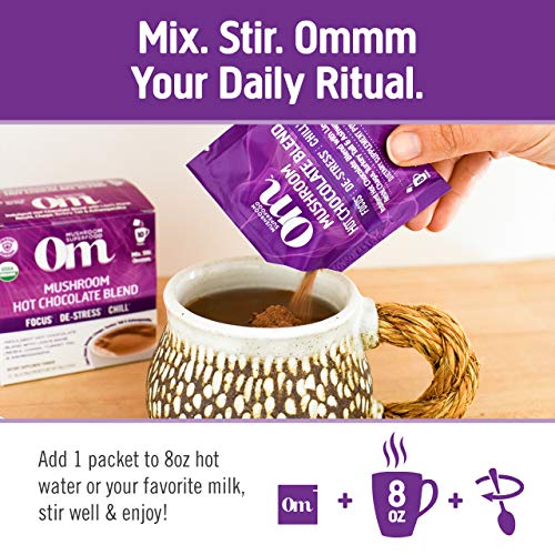 Om Mushroom Superfood Hot Chocolate Blend Mushroom Powder, Single Serve, 10 Count, Dutch Cocoa, 2g of Sugar, 25 Calories, Lion's Mane, Reishi, Chaga, Turkey Tail, Focus and Stress Support