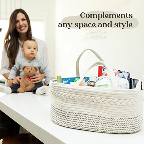 luxury little Diaper Caddy Organizer, Large Cotton Rope Nursery Basket, Changing Table Organizer for Baby Diaper Storage, Portable Car Organizer with Removable Divider, Baby Shower Gifts - White