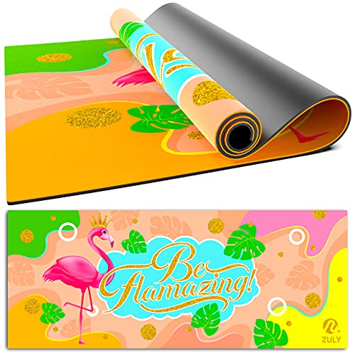 ZULY Eco Friendly Kids Yoga Mat with Free Yoga Strap, Premium Microfibre Suede W Organic Rubber Yoga Mat for kids ages 3-6 6-10 9-12 Toddlers Children Girls Boys Non Slip Exercise Mat Flamingo Design