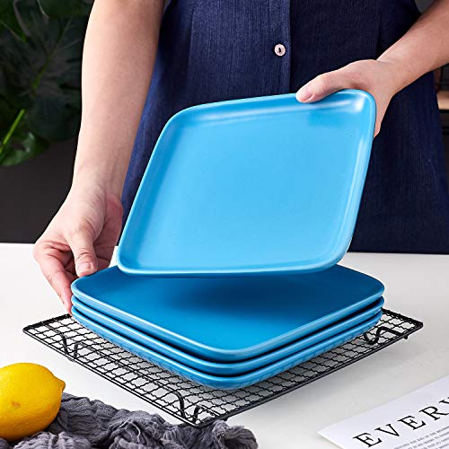 Bruntmor 8 Ceramic Dinner Plates Set of 4 Porcelain Pasta Salad Plate Set Blue