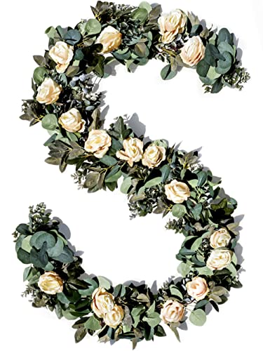 Eucalyptus Garland with Flowers - 17 Ivory Roses - Lush, Natural Looking Eucalyptus and Flower Garland Decor, Floral Garland Greenery for Wedding Table Decor with Abundant Vines, Rose Leaves