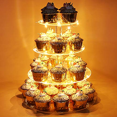 Vdomus Acrylic 4 Tier Cupcake Stand Cupcake Pastry Display Stand with LED String Lights Dessert Tree Tower for Birthday Wedding Party round cupcake stand Cupcake Tier Stand, Warm