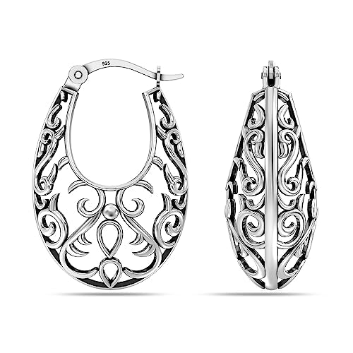 Lecalla 925 Silver Filigree Hoop Earrings Antique Oval Mesh Design 35mm