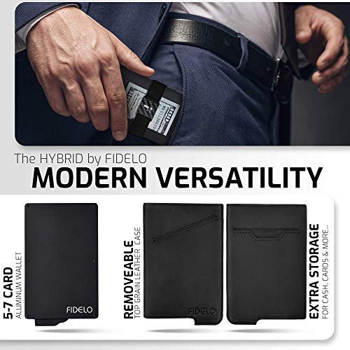 Fidelo Minimalist Wallet for Men - Hybrid Black Aluminum Wallet + Black Removable Leather Case + Carbon Fiber Wallet + Rustic Brown Removable Leather Case