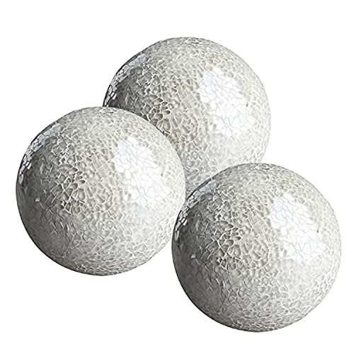 WHOLE HOUSEWARES Decorative Balls Set of 3 Glass Mosaic Orbs for Bowls 4" Diameter White