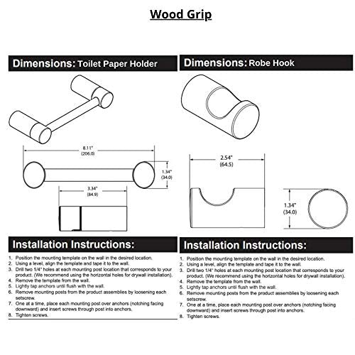 Wood Grip | Elegant Design 4-Piece Bathroom Hardware Accessory Set | Includes 24 Inch Towel Bar, Hand Towel Bar, Toilet Paper Holder, and Robe Hook (Matte Black, 4-Piece Bath Set)