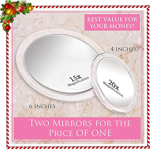 MIRRORVANA 20X & 15X Magnifying Mirror Set Combo with 3 Suction Cups Each 6-Inch and 4Inch Wide Clear