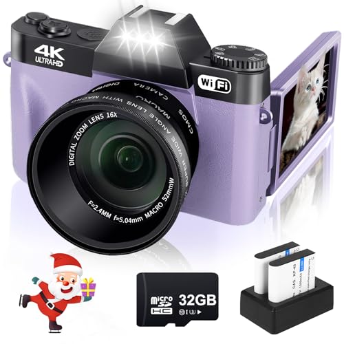 Vjianger 4k Digital Camera 48mp Wifi Vlogging Camera 180 Flip Screen Purple33