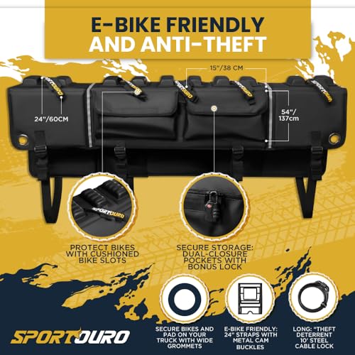 Tailgate Bike Pads Full Size Truck - HeavyDuty 5-Bike Tailgate Pad for Mountain Bike, E-Bike Compatible, Anti-Theft Features, Tailgate Protectors for Trucks - Tailgate Cover for Bikes, Bike Truck Pad