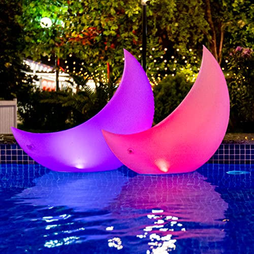 2 Pack Floating Pool Lights Solar Powered - 24" Crescent Moon - Inflatable Floating Solar Pool Lights for Swimming Pool LED