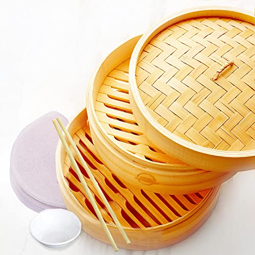 Mister Kitchenware 10 Inch Handmade Bamboo Steamer 2 Tier Baskets