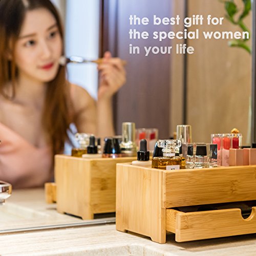 GOBAM Bamboo Makeup Organizer and Storage with Drawer, Medium - Wooden Cosmetic Organizer Countertop for Bathroom, Bedroom, Closet, Kitchen, Vanity & Dresser - Make up Vanity Station - Natural