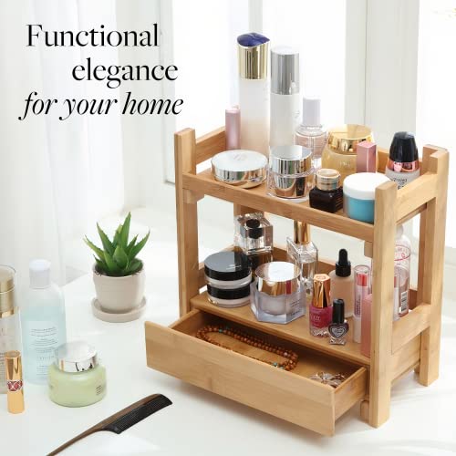 GOBAM Bathroom Counter Organizer Shelf Cosmetic and Vanity Perfume Organizer Shelf with Drawer, Easily Assembled Suitable for Mom or Wife, Bamboo