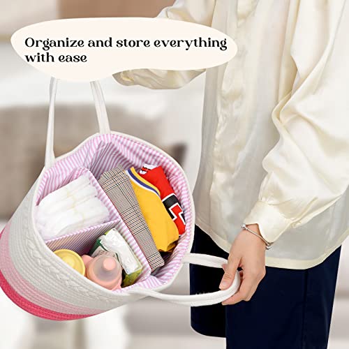 luxury little Diaper Caddy Organizer, Large Cotton Rope Nursery Basket, Changing Table Organizer for Baby Diaper Storage, Portable Car Organizer with Removable Divider, Baby Shower Gifts - Pink