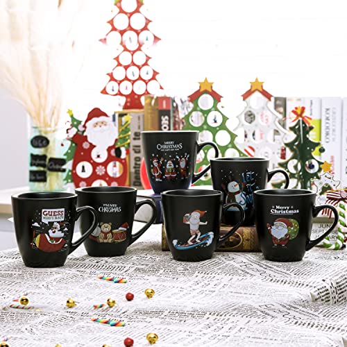 Bruntmor 16 Oz Christmas Mug Set 6 Black Themed Mugs Best Party Gift Black