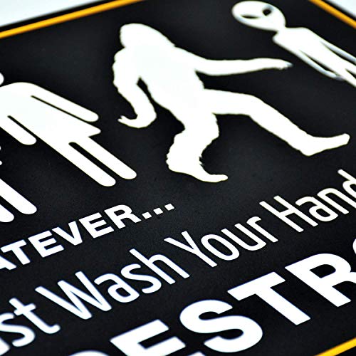 Funny Bathroom Sign for Restroom by Bigtime Signs | 11.5" x 8.75" Rigid PVC | All Gender Bigfoot & Alien Wash Your Hands Please - Bathroom Decor and Bathroom Signs, Funny Bathroom Signs