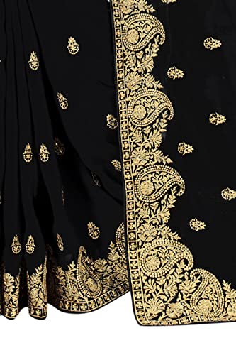 CRAFTSTRIBE Black Saree Zari Embroidery Stone Work Sari with Blouse Fabric