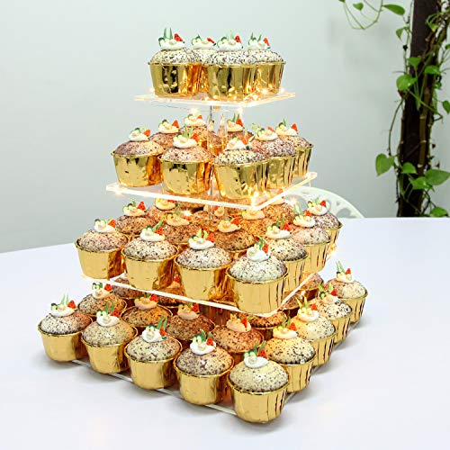 4 Tier Square Acrylic Cupcake Display Stand with LED String Lights