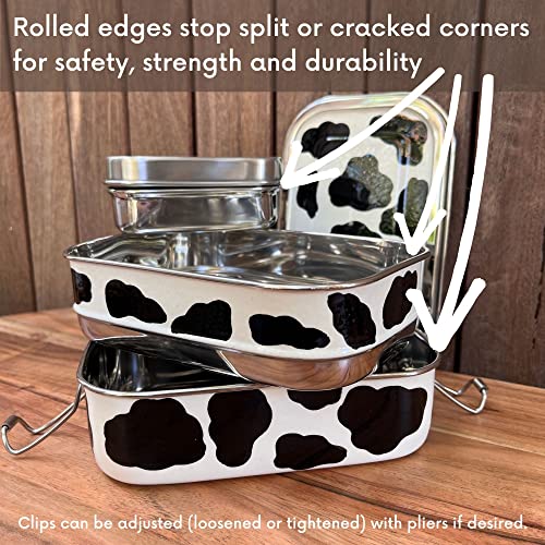 BOUDIKAA Cow Print Lunch Box - Large Metal Bento Box for Adults and Teens - Holds 5 Cups of Food - Divided Meal Container with Snack Tin