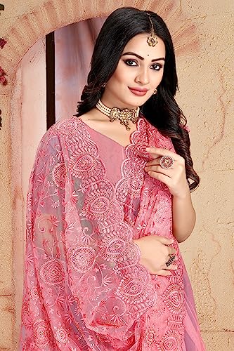 CRAFTSTRIBE Embroidery Work Net Pink Indian Wedding Sari With Unstitched Blouse