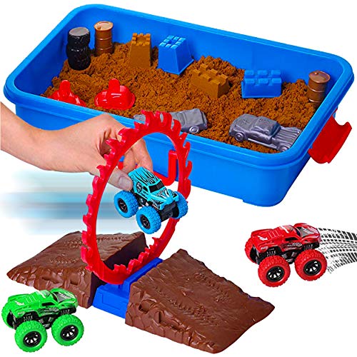 Monster Truck Sand Play Set Sensory Kit, Creativity for Kids Sensory Bins with Lid, 2 Lbs of Sand, Jumps, Crushed Cars & Trucks, Indoor Sensory Bin for 3-4, 5 Year Old, Toddlers Sand Table