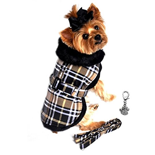 DOGGIE DESIGN Charmed Winter Harness Coat with Matching Leash Set - Assorted Plaids (XX-Large- Chest 26”-31”, Neck 21”-24”, Brown/Gold/Tan Plaid)