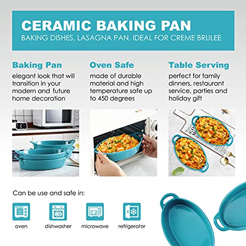Bruntmor 8x5 Oval Ceramic Pie Pan Set of 4 Baking Dish Dinner Plates Teal