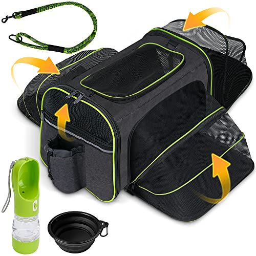 FURHOME COLLECTIVE - 4 Side Expandable Pet Carrier for Cats and Small Dogs - with Pet Leash, Travel Water Bottle and Collapsible Container - TSA Airline Approved - Soft-Sided Large Cat Carrier