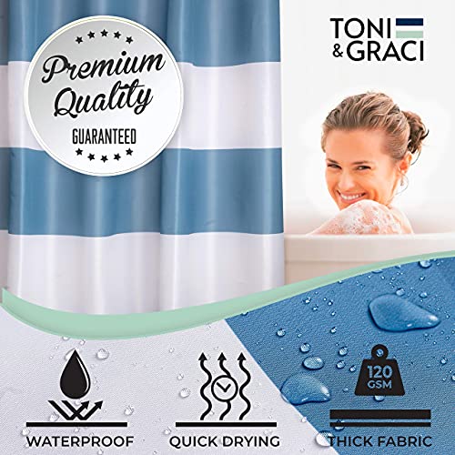 Toni & Graci Hook Free Modern Shower Curtains for Bathroom – Waterproof - Easy Installation- White and Blue Striped Shower Curtain - 71” x 74”