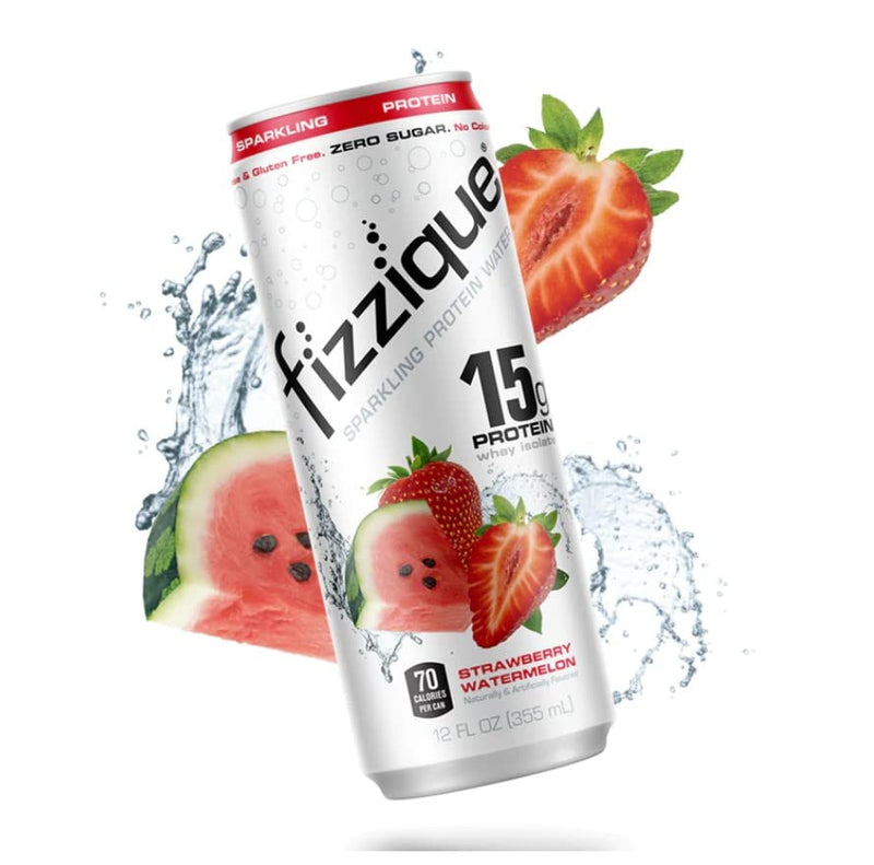 fizzique Sparkling Protein Water with Natural Caffeine, 15g Whey Protein Isolate, 70 Calories, Low Carb, Gluten Free, Lactose Free, Sugar Free, Caffeinated Protein Drink, Strawberry Watermelon, 12 Fl Oz (12-Pack)