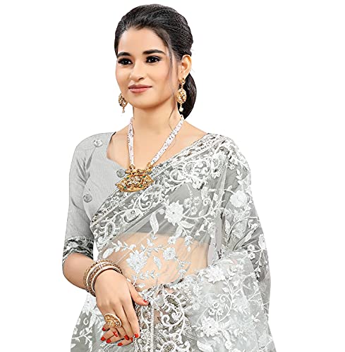 CRAFTSTRIBE Net Heavy Zari Sequence Work Grey for Wedding Gift Saree for Women