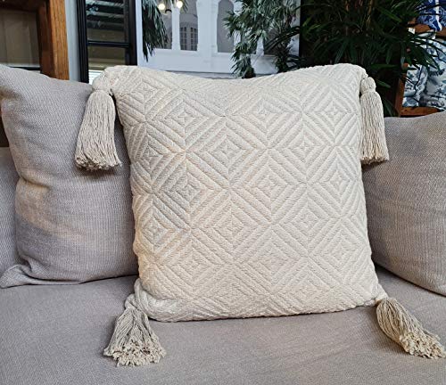 Fifth Village Set of 2 Hamptons Stripe Throw Pillow Cases  White Textured Cotton Fabric with YKK Zippers & Tassels-20x20 Large Accent Pillow Covers